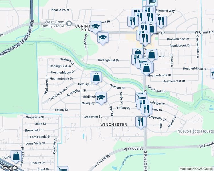 map of restaurants, bars, coffee shops, grocery stores, and more near 5703 Sheringham Street in Houston