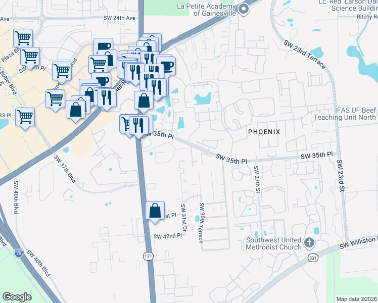map of restaurants, bars, coffee shops, grocery stores, and more near 3521 Southwest 30th Way in Gainesville