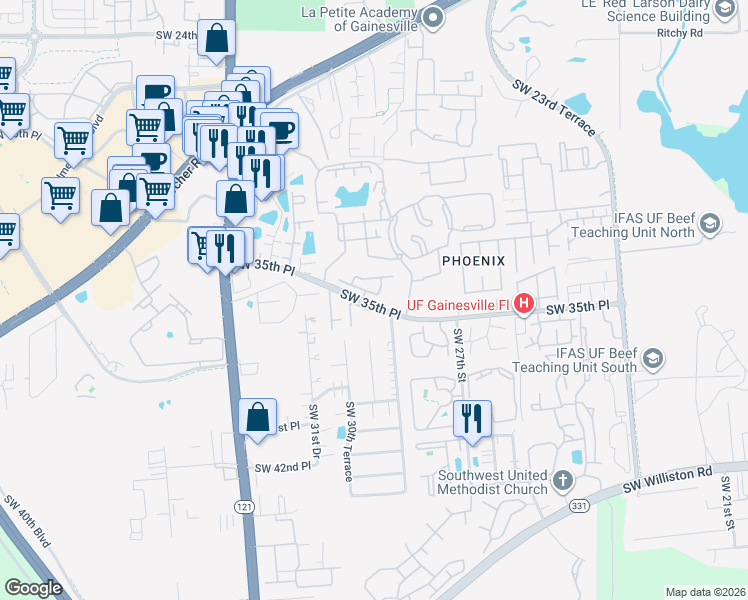 map of restaurants, bars, coffee shops, grocery stores, and more near 102 Northwest 35th Street in Gainesville