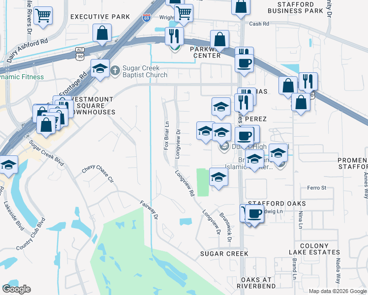 map of restaurants, bars, coffee shops, grocery stores, and more near 3106 Briar Court in Sugar Land