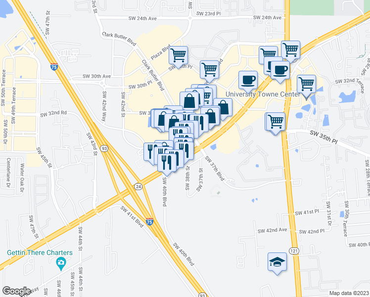 map of restaurants, bars, coffee shops, grocery stores, and more near 3900 Southwest Archer Road in Gainesville