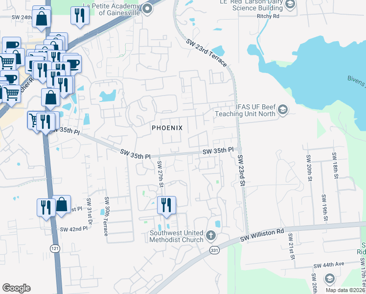 map of restaurants, bars, coffee shops, grocery stores, and more near 2508 Southwest 35th Place in Gainesville