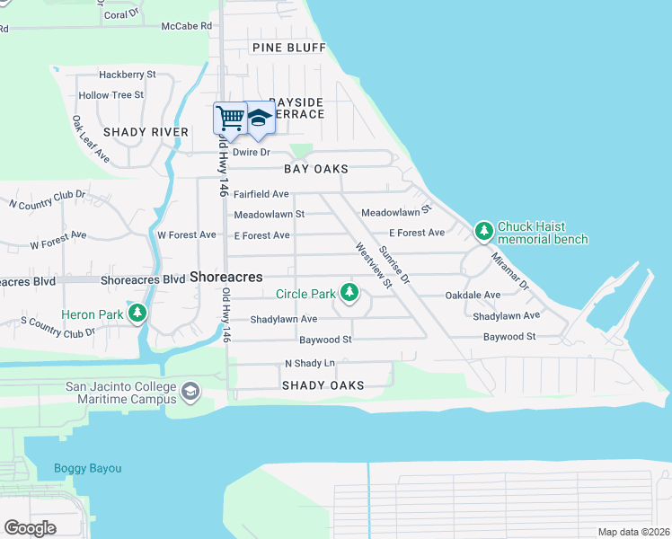 map of restaurants, bars, coffee shops, grocery stores, and more near 518 Shore Acres Boulevard in La Porte