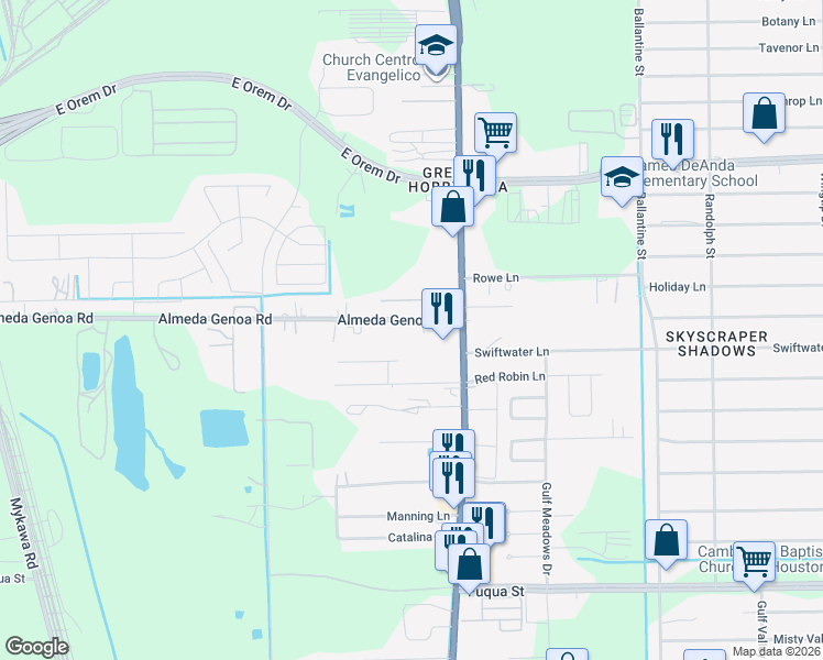 map of restaurants, bars, coffee shops, grocery stores, and more near 7550 Almeda-Genoa Road in Houston