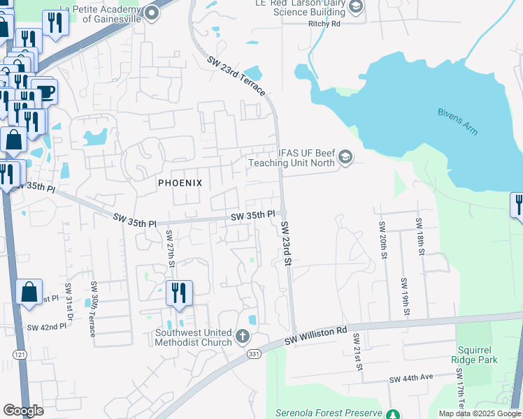 map of restaurants, bars, coffee shops, grocery stores, and more near 3410 Southwest 34th Place in Gainesville