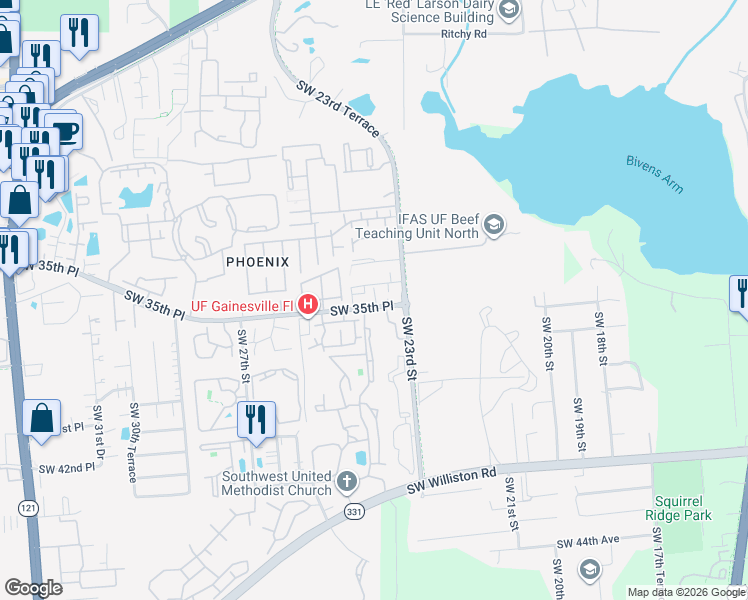 map of restaurants, bars, coffee shops, grocery stores, and more near 3410 Southwest 34th Place in Gainesville