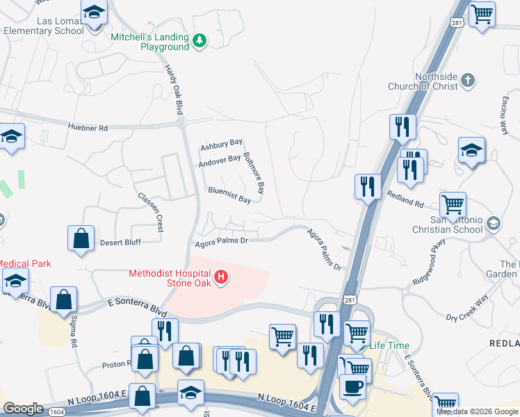 map of restaurants, bars, coffee shops, grocery stores, and more near 1258 Bluemist Bay in San Antonio