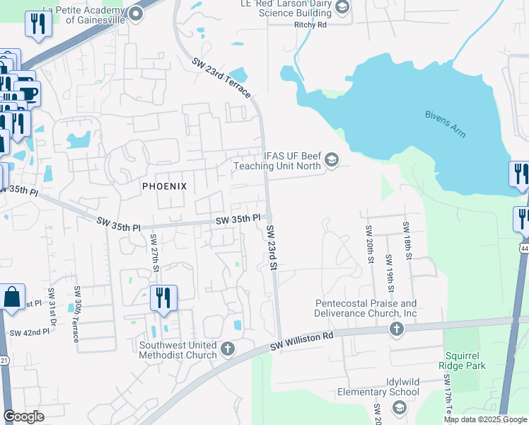 map of restaurants, bars, coffee shops, grocery stores, and more near 2104 Southwest 23rd Street in Gainesville
