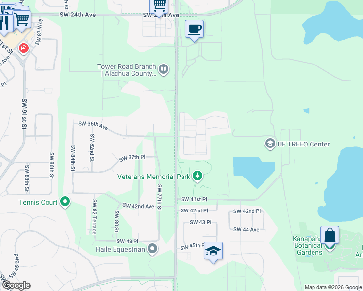 map of restaurants, bars, coffee shops, grocery stores, and more near 3676 Southwest 74th Drive in Gainesville