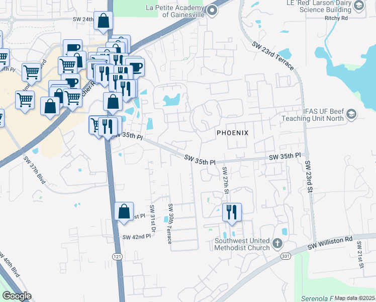 map of restaurants, bars, coffee shops, grocery stores, and more near 102 Northwest 35th Street in Gainesville