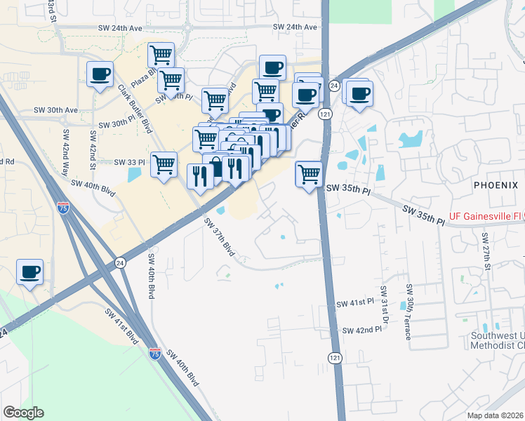 map of restaurants, bars, coffee shops, grocery stores, and more near 3631 SW Archer Rd in Gainesville