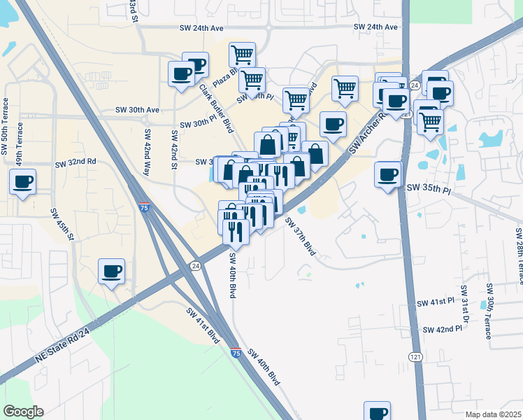 map of restaurants, bars, coffee shops, grocery stores, and more near 3900 Southwest Archer Road in Gainesville