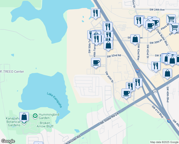 map of restaurants, bars, coffee shops, grocery stores, and more near 3565 Southwest 50th Drive in Gainesville