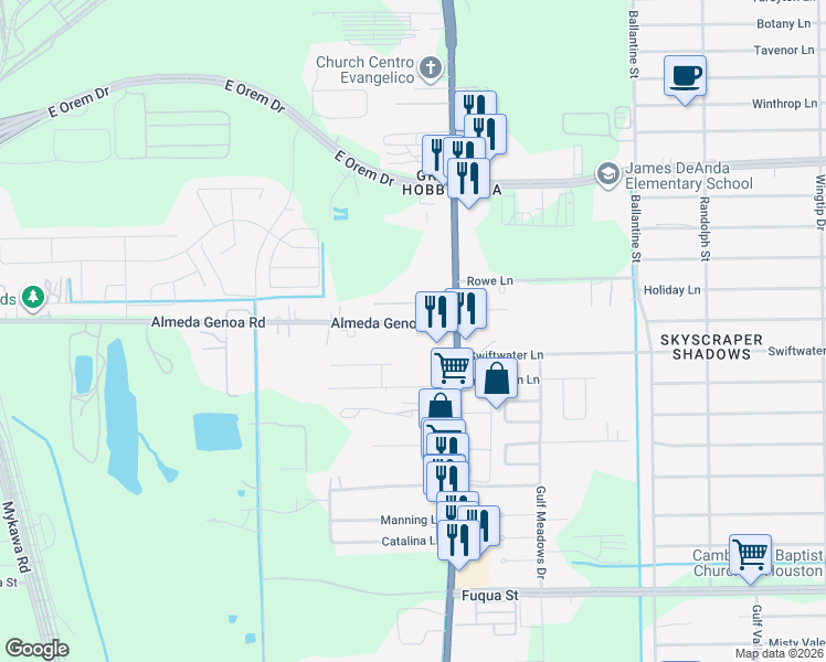 map of restaurants, bars, coffee shops, grocery stores, and more near 7550 Almeda-Genoa Road in Houston
