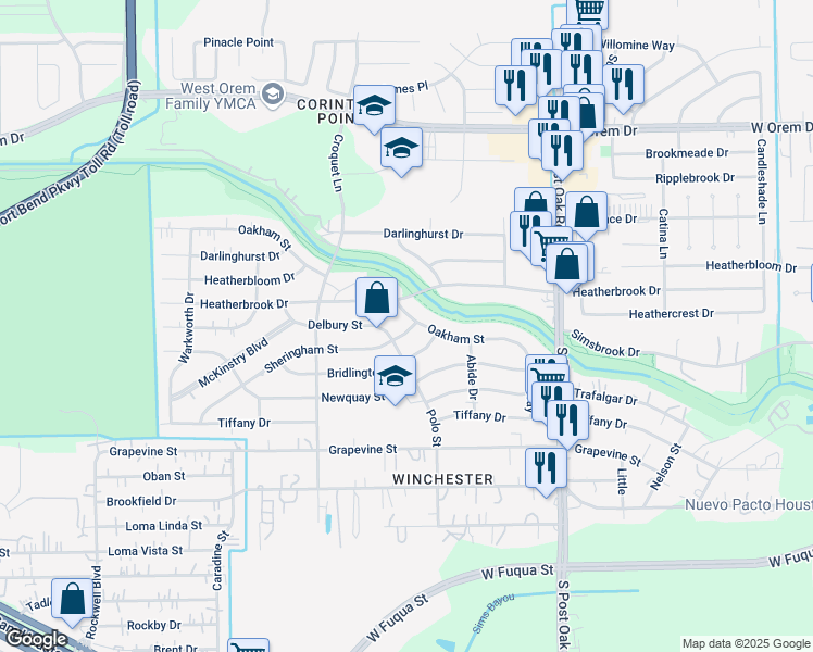 map of restaurants, bars, coffee shops, grocery stores, and more near 5703 Sheringham Street in Houston