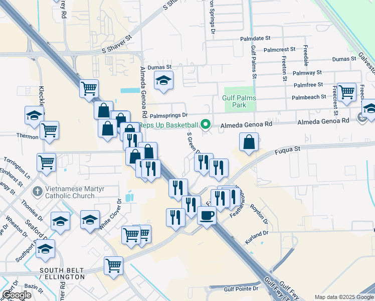 map of restaurants, bars, coffee shops, grocery stores, and more near 12510 South Green Drive in Houston