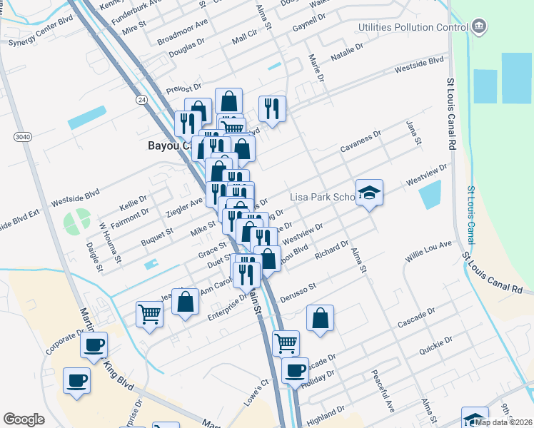 map of restaurants, bars, coffee shops, grocery stores, and more near 113 Harding Drive in Houma