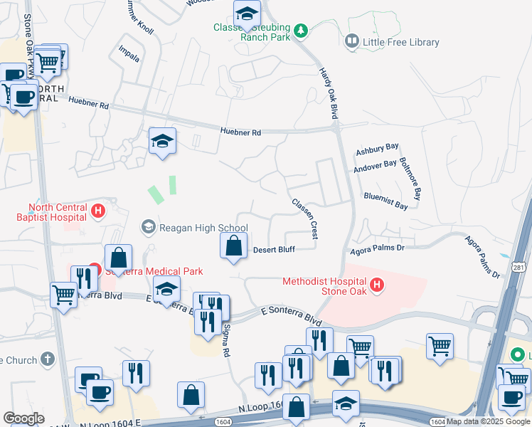 map of restaurants, bars, coffee shops, grocery stores, and more near 19235 Brannan Bluff in San Antonio