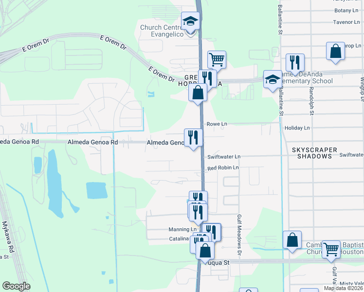 map of restaurants, bars, coffee shops, grocery stores, and more near 7550 Almeda-Genoa Road in Houston