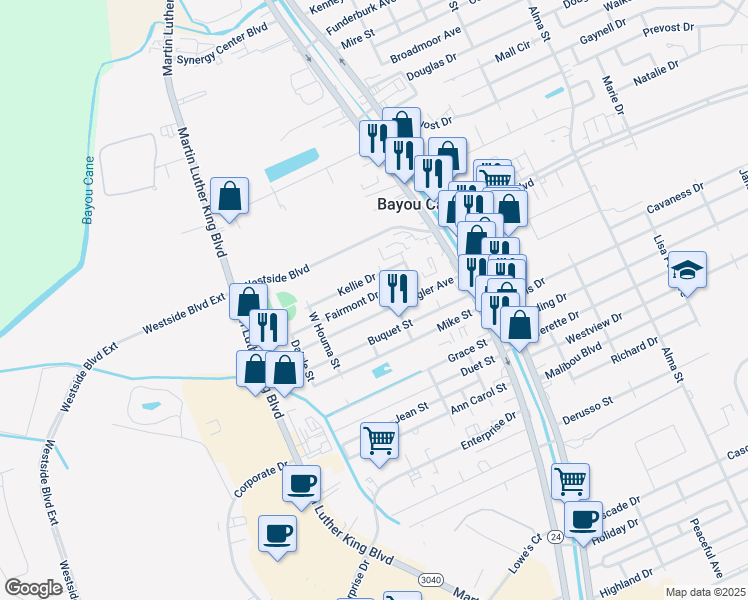 map of restaurants, bars, coffee shops, grocery stores, and more near 207 Fairmont Drive in Houma