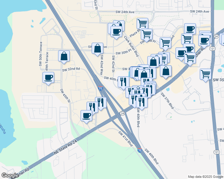 map of restaurants, bars, coffee shops, grocery stores, and more near 3600 Southwest 42nd Street in Gainesville