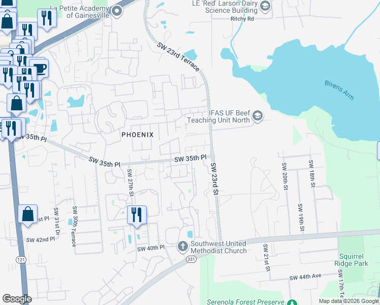 map of restaurants, bars, coffee shops, grocery stores, and more near 3443 Southwest 24th Street in Gainesville