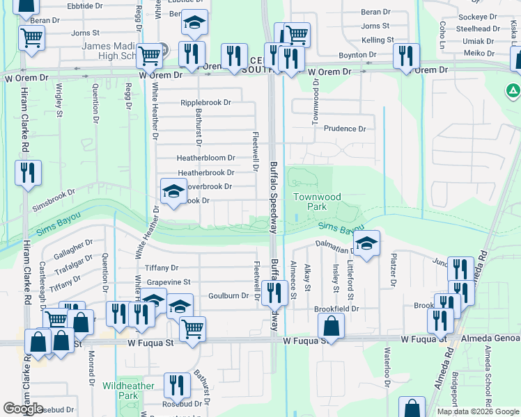 map of restaurants, bars, coffee shops, grocery stores, and more near 14211 Fleetwell Drive in Houston