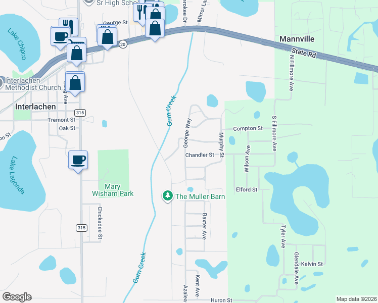 map of restaurants, bars, coffee shops, grocery stores, and more near 102 Chandler Street in Interlachen