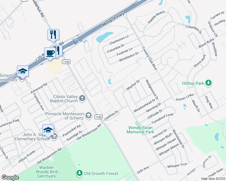 map of restaurants, bars, coffee shops, grocery stores, and more near 3305 Sherwin Drive in Schertz