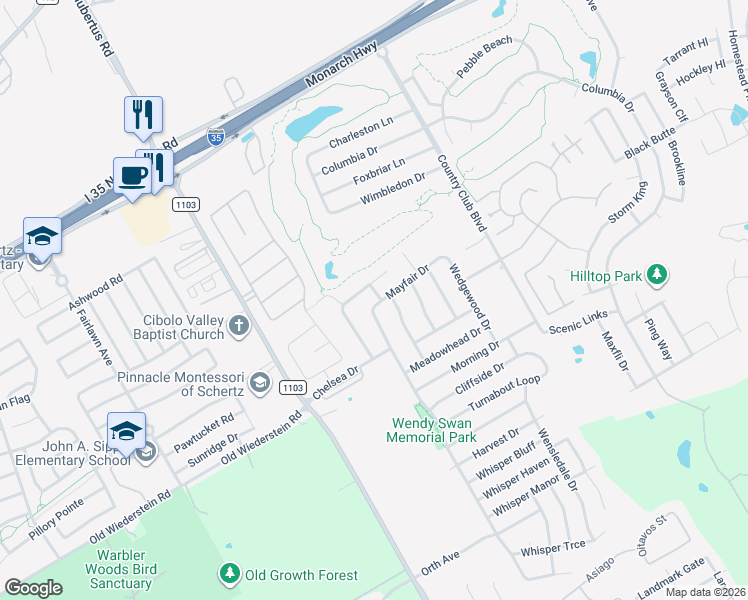 map of restaurants, bars, coffee shops, grocery stores, and more near 3309 Mayfair Drive in Schertz