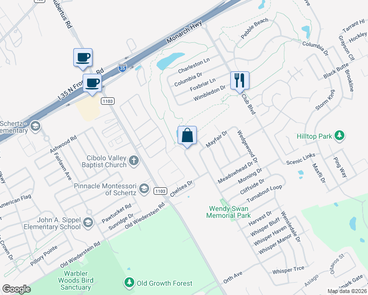 map of restaurants, bars, coffee shops, grocery stores, and more near 3305 Sherwin Drive in Schertz