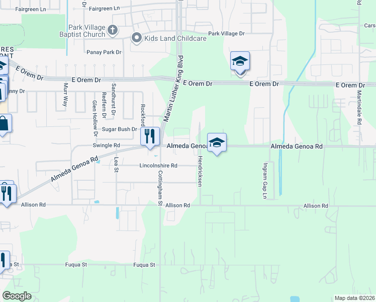 map of restaurants, bars, coffee shops, grocery stores, and more near 4920 Almeda-Genoa Road in Houston