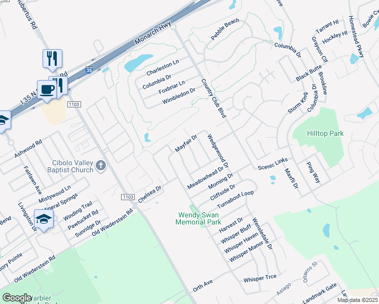 map of restaurants, bars, coffee shops, grocery stores, and more near 5005 Tiffany Lane in Schertz