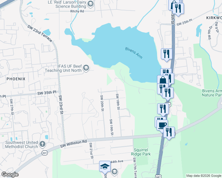 map of restaurants, bars, coffee shops, grocery stores, and more near 1824 SW 35th Ave in Gainesville