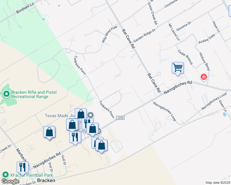 map of restaurants, bars, coffee shops, grocery stores, and more near 8835 Cherokee Path in Garden Ridge