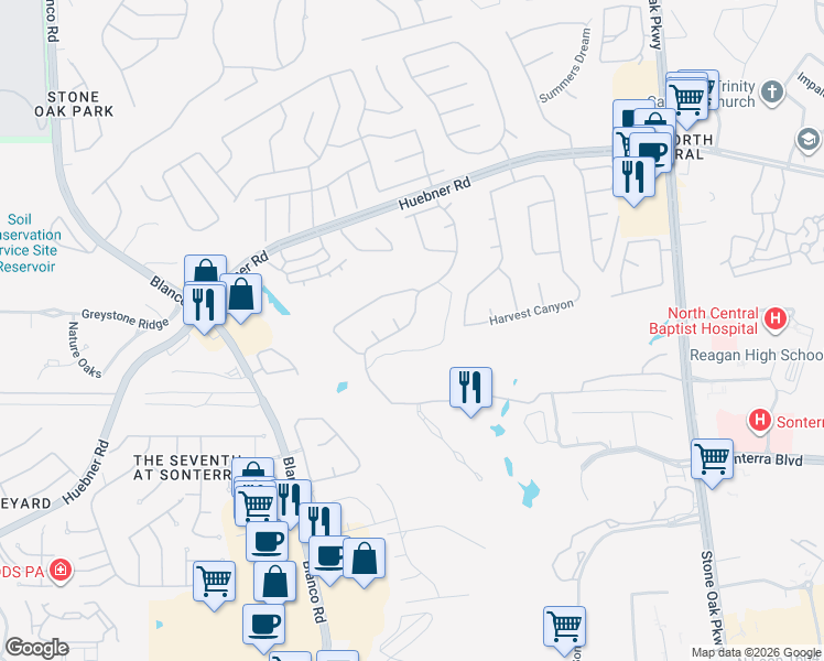 map of restaurants, bars, coffee shops, grocery stores, and more near 19134 Kristen Way in San Antonio