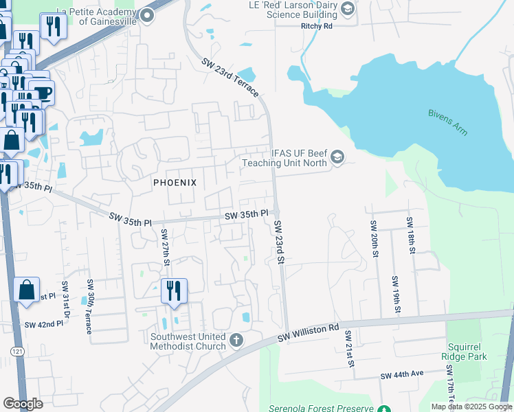 map of restaurants, bars, coffee shops, grocery stores, and more near 3410 Southwest 34th Place in Gainesville