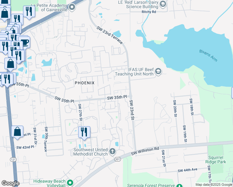 map of restaurants, bars, coffee shops, grocery stores, and more near 3410 Southwest 34th Place in Gainesville