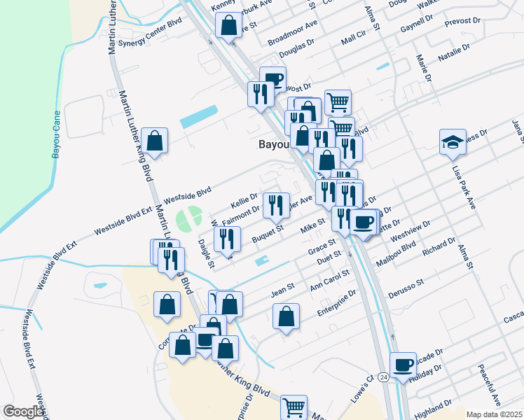 map of restaurants, bars, coffee shops, grocery stores, and more near 207 Fairmont Drive in Houma