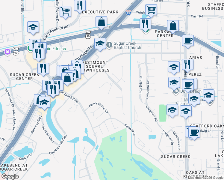 map of restaurants, bars, coffee shops, grocery stores, and more near 16 Charleston South in Sugar Land