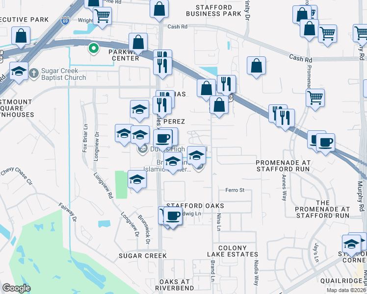 map of restaurants, bars, coffee shops, grocery stores, and more near 502 Brand Lane in Stafford