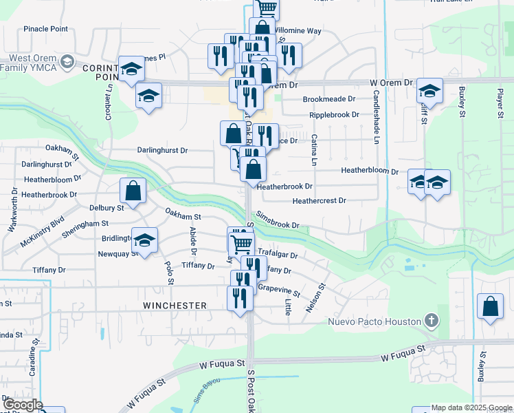 map of restaurants, bars, coffee shops, grocery stores, and more near 14217 South Post Oak Road in Houston