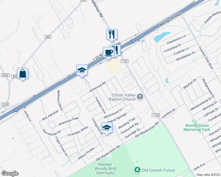 map of restaurants, bars, coffee shops, grocery stores, and more near 749 Fountain Gate in Schertz