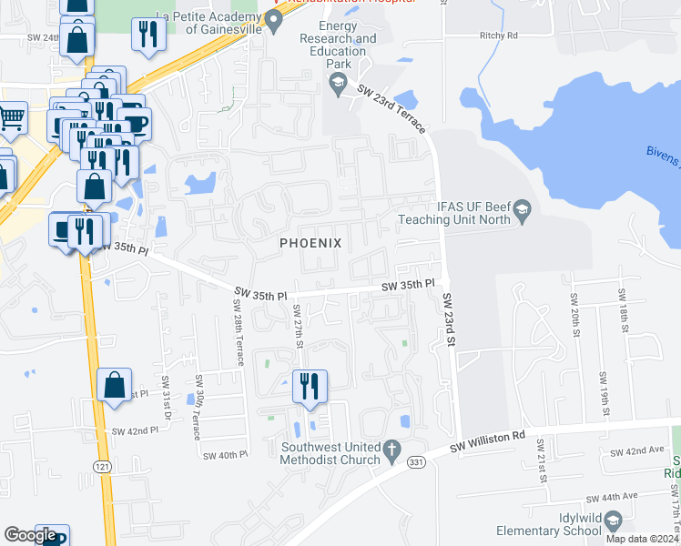 map of restaurants, bars, coffee shops, grocery stores, and more near 2605 Southwest 33 Place in Gainesville