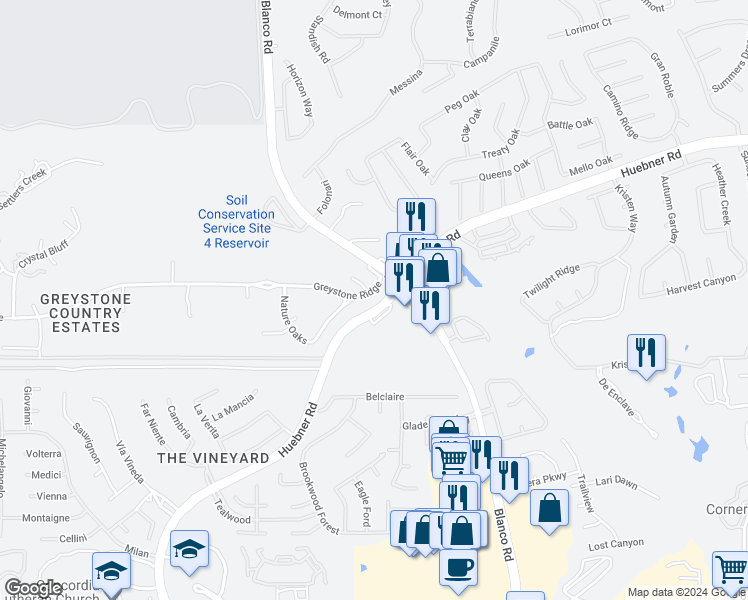 map of restaurants, bars, coffee shops, grocery stores, and more near 1106 Greystone Ridge in San Antonio