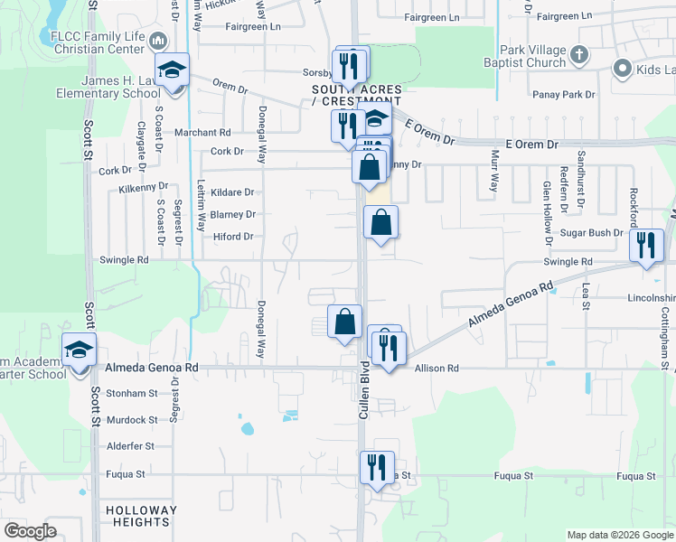 map of restaurants, bars, coffee shops, grocery stores, and more near 13018 Cullen Boulevard in Houston
