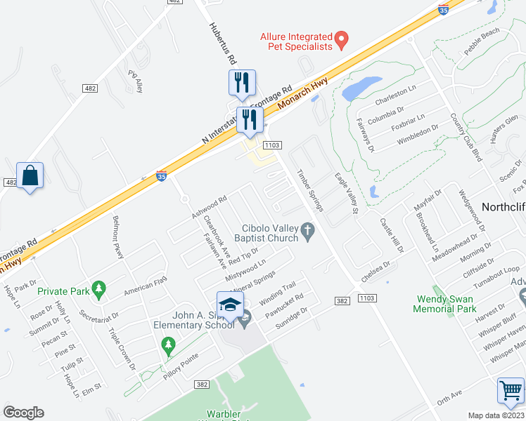 map of restaurants, bars, coffee shops, grocery stores, and more near 736 Hollow Ridge in Schertz