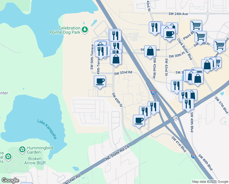 map of restaurants, bars, coffee shops, grocery stores, and more near 3483 Southwest 45th Street in Gainesville