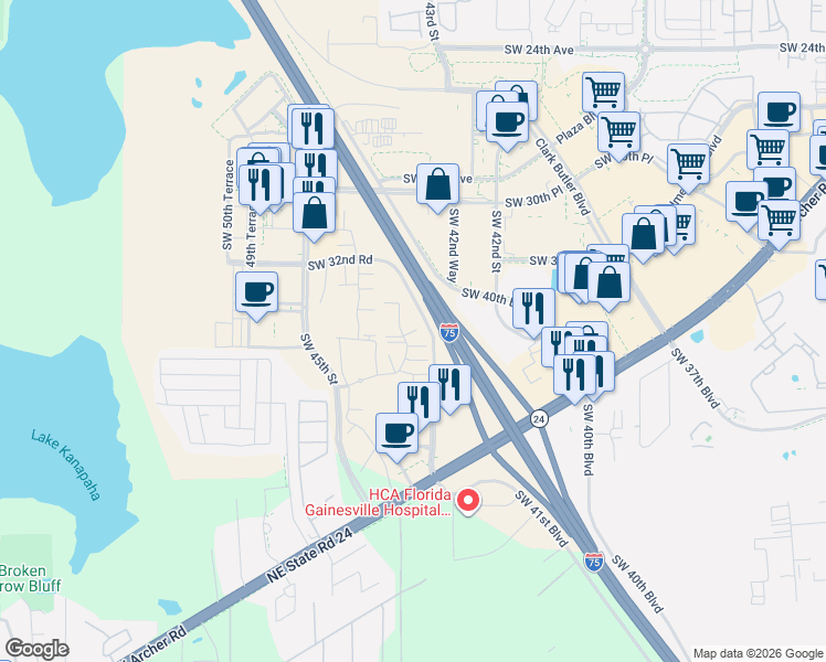 map of restaurants, bars, coffee shops, grocery stores, and more near 4440 Southwest Archer Road in Gainesville