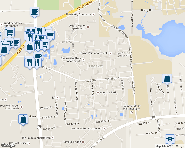 map of restaurants, bars, coffee shops, grocery stores, and more near 2631 Southwest 33 Place in Gainesville